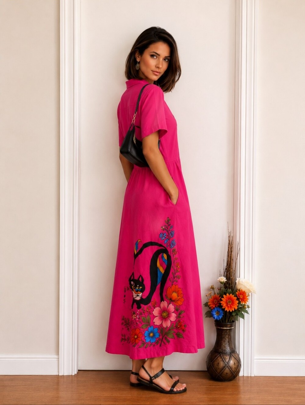 Vintage Iris 80's Colourful Pink Cat Print Maxi Dress | 100% Cotton Pockets Tall - Picture 2 of 10